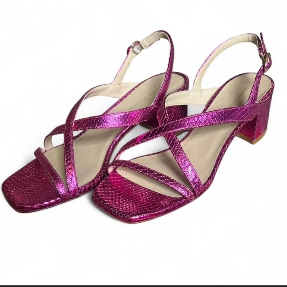 New Stuart Weitzman Metallic Fuchsia Strappy Heels